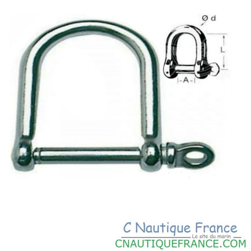 Large AISI 316 stainless steel shackle, forged and polished, perfect for marine use.