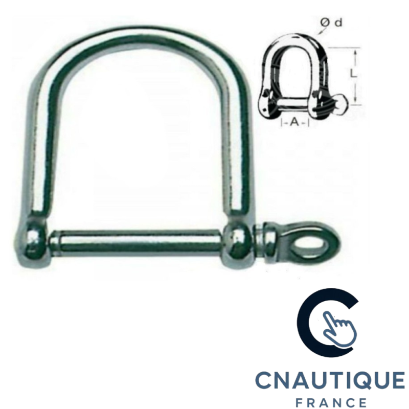 Large AISI 316 stainless steel shackle, forged and polished, perfect for marine use.