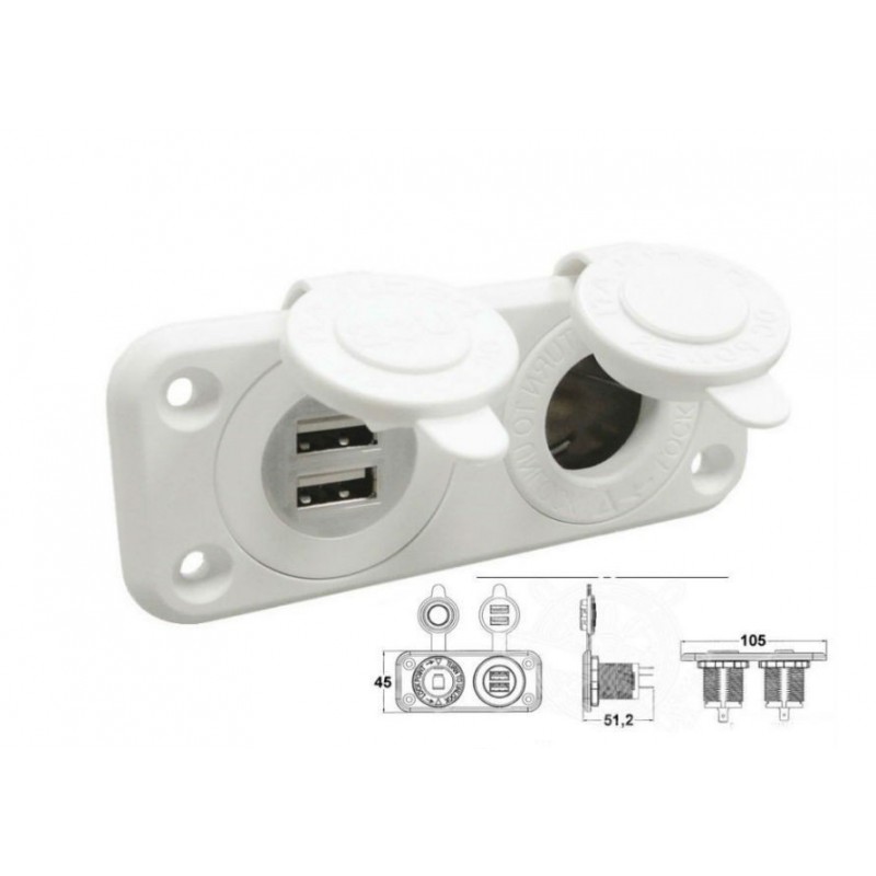 Dual USB and Cigarette Lighter Panel White for Boats 12/24V